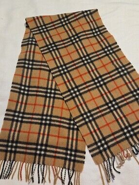 Burberry Tan Plaid Cashmere Scarf with Black and Red Check
